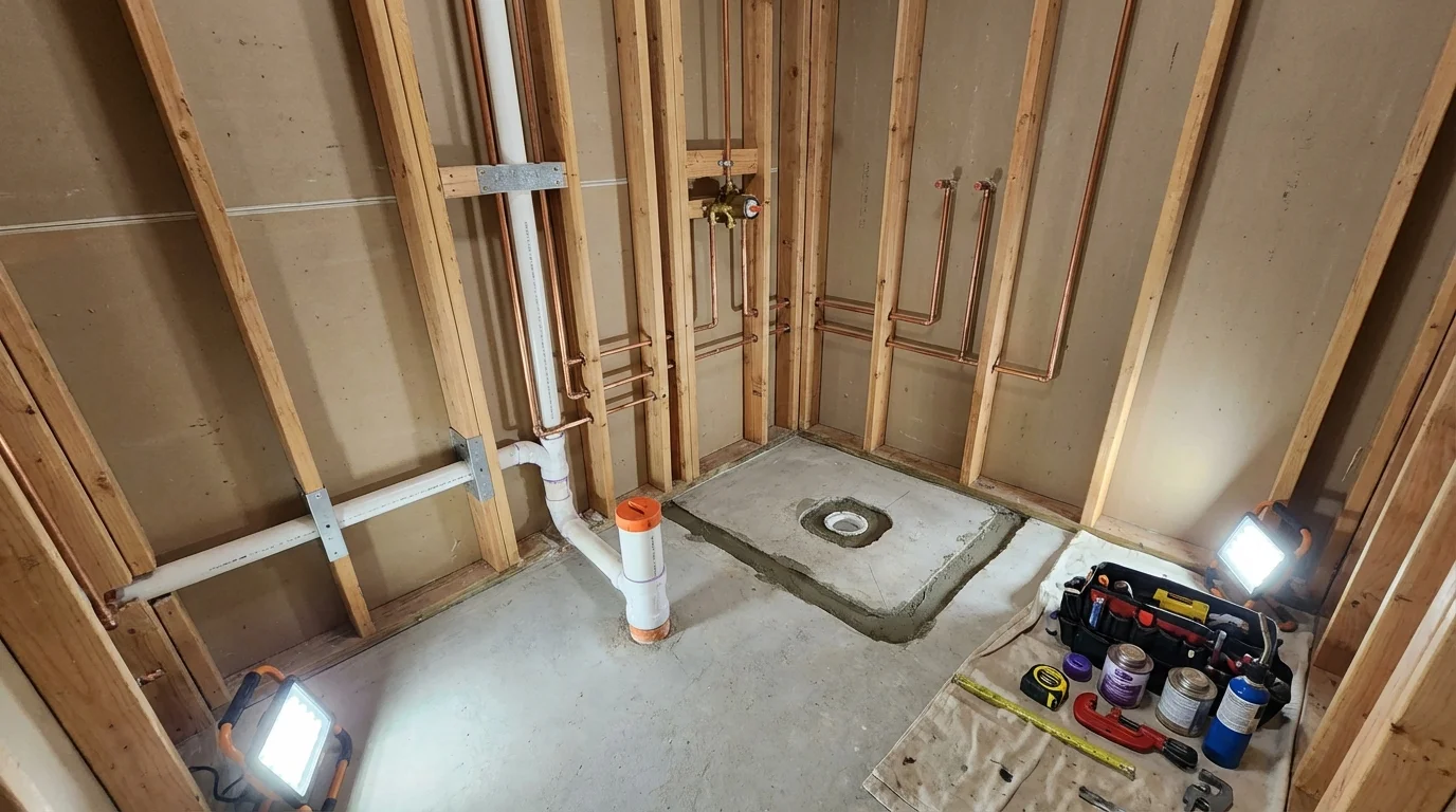 Bathroom rough-in plumbing during remodel by Johns Plumbing LLC in Raynham
