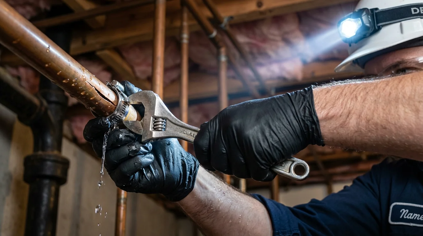 Emergency pipe clamp repair being performed by a Johns Plumbing LLC plumber in Raynham