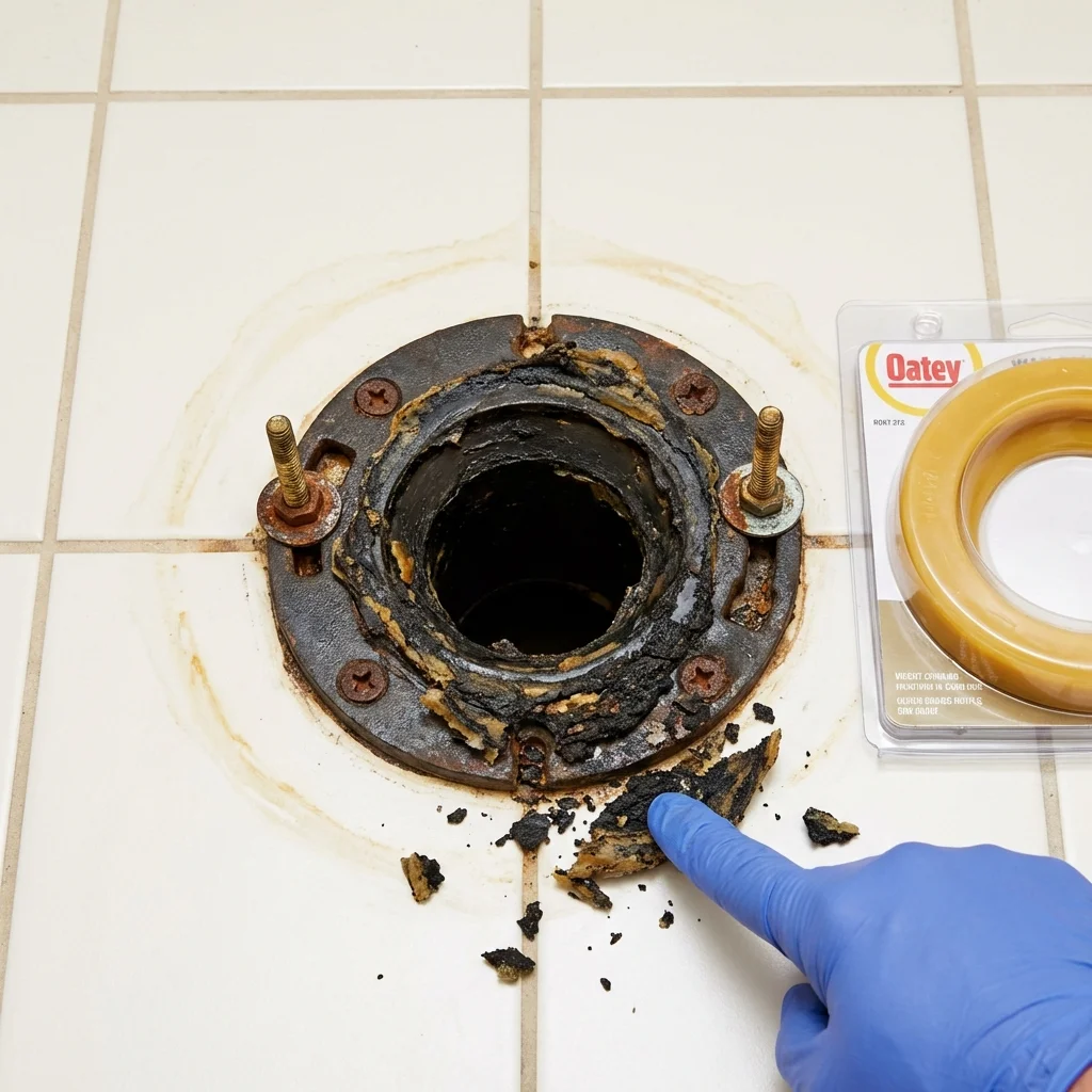 Failed wax ring showing water seepage at the base of a toilet in a Raynham, MA home