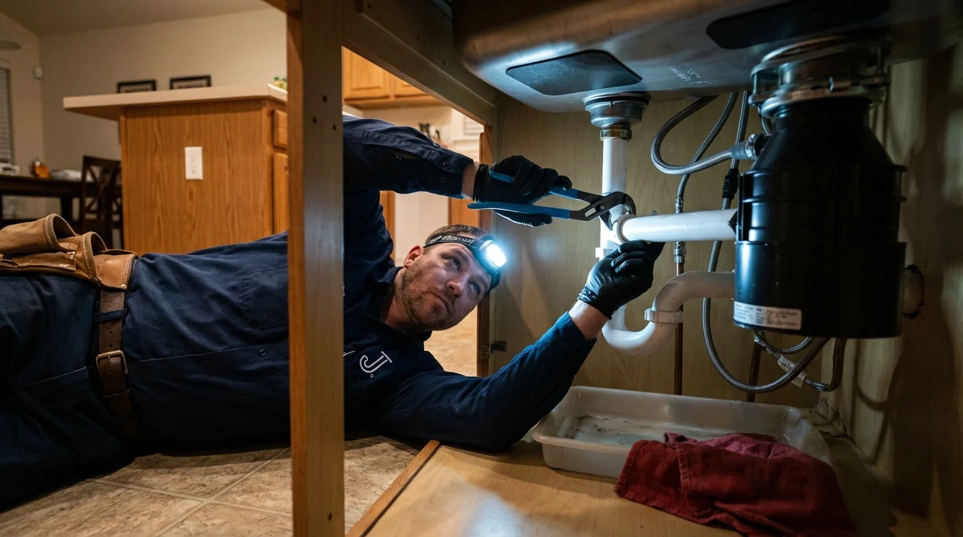 P-trap and supply line connections under a kitchen sink showing a common leak point in Raynham, MA